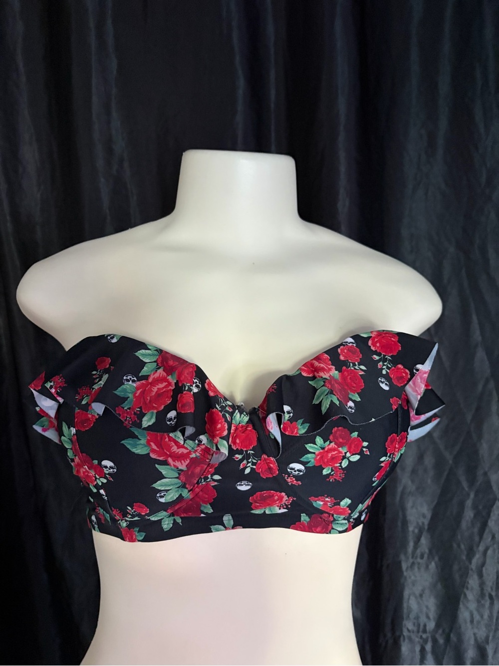 Black Floral Ruffle Bustier bikini Top with Red Roses and Skulls